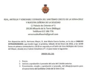 La Vera+Cruz convoca Cabildo Extraordinario este sábado en el Centro del Mayor