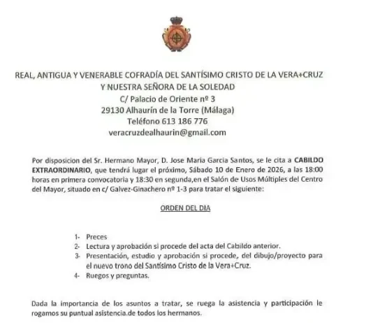 La Vera+Cruz convoca Cabildo Extraordinario este sábado en el Centro del Mayor